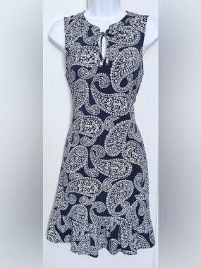 Michael Kors Navy and White Paisley Midi Dress